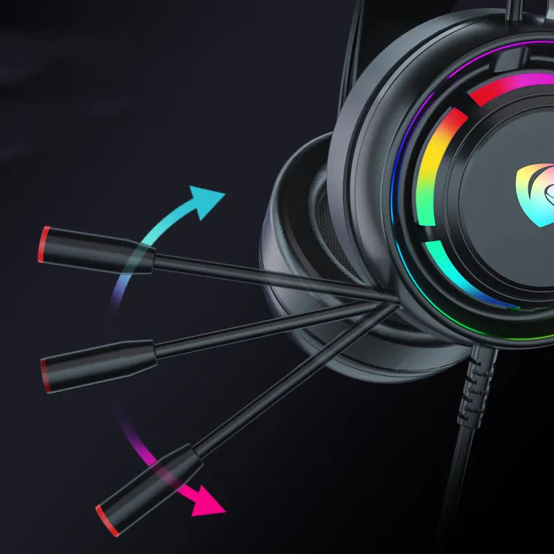 Black wired over-ear gaming headset with microphone and long cable, showing 50mm drivers and foam ear cushions.