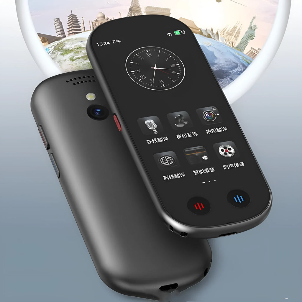 Black multi-language simultaneous interpretation translator device for business use with lanyard and charging cable.
