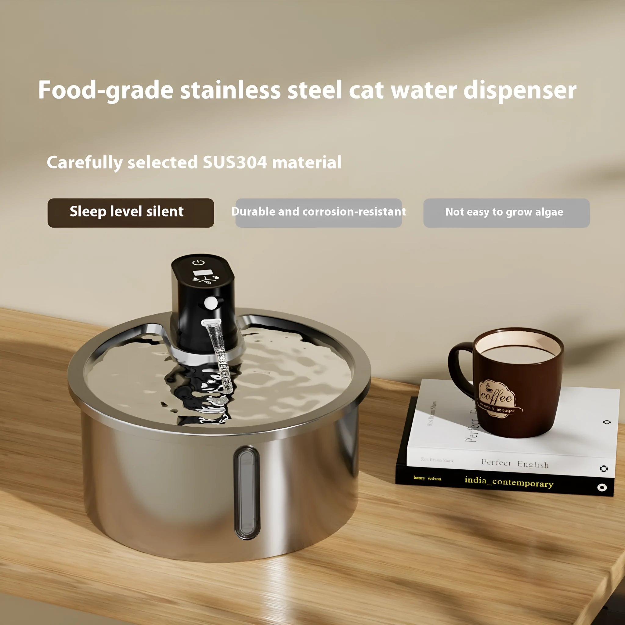 Stainless steel pet water fountain with temperature control base in black or white