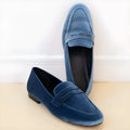 Blue and black artificial suede leisure loafers with round toe and rubber sole