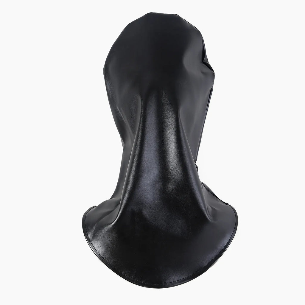 A black leather BDSM mask for adults with an adjustable strap.