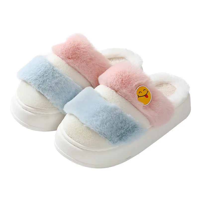 Thermal cotton slippers with plush upper and cashmere lining in pink green or black grey colour matching for winter warmth