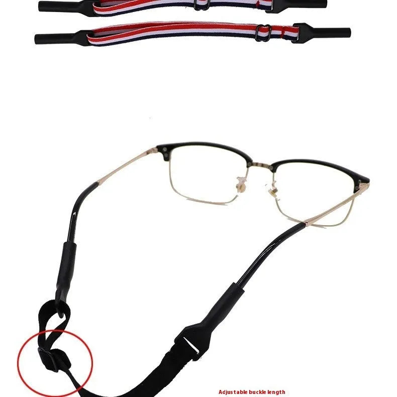 Black adjustable glasses cord with silicone tips attached to eyewear earpieces