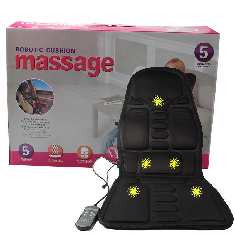 Black heating massage mat with infrared function and adjustable speed control on seat cushion