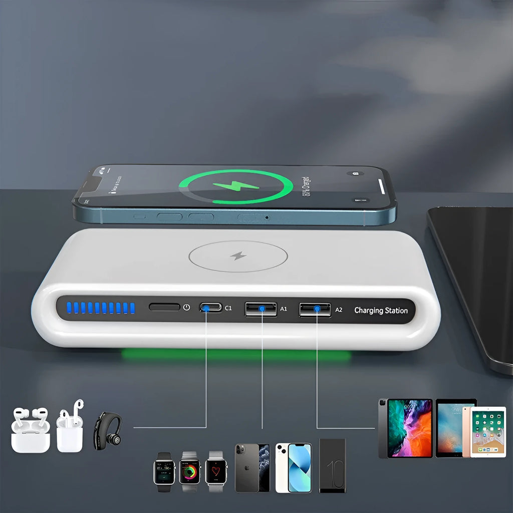 White desktop wireless charging pad with built-in 8-colour LED atmosphere lamp and included fast-charging cable.