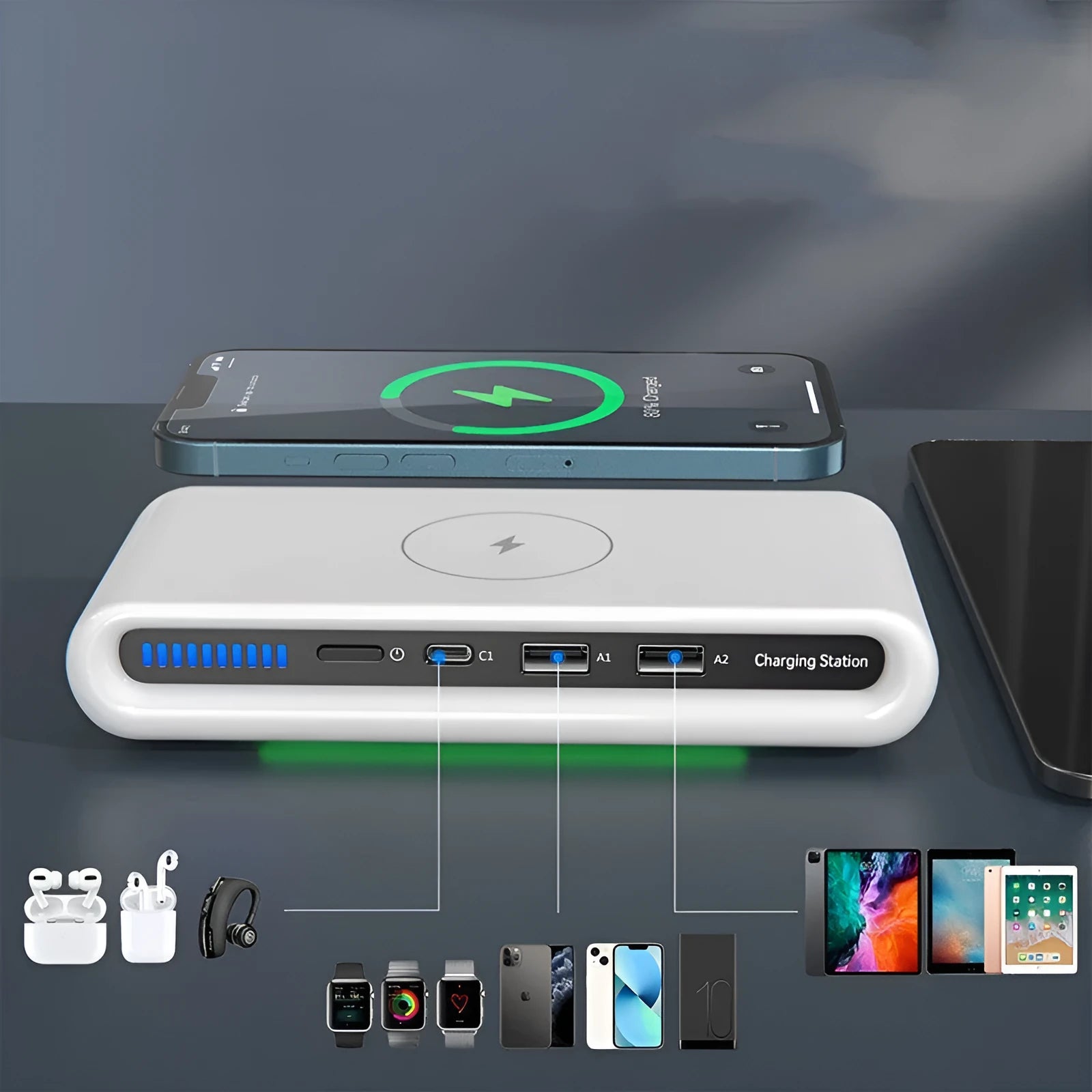 White desktop wireless charging pad with built-in 8-colour LED atmosphere lamp and included fast-charging cable.