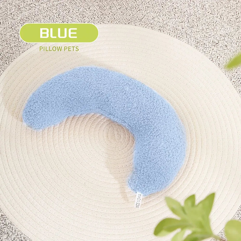 U-shaped blue cat pillow with adjustable collar for cervical protection and support
