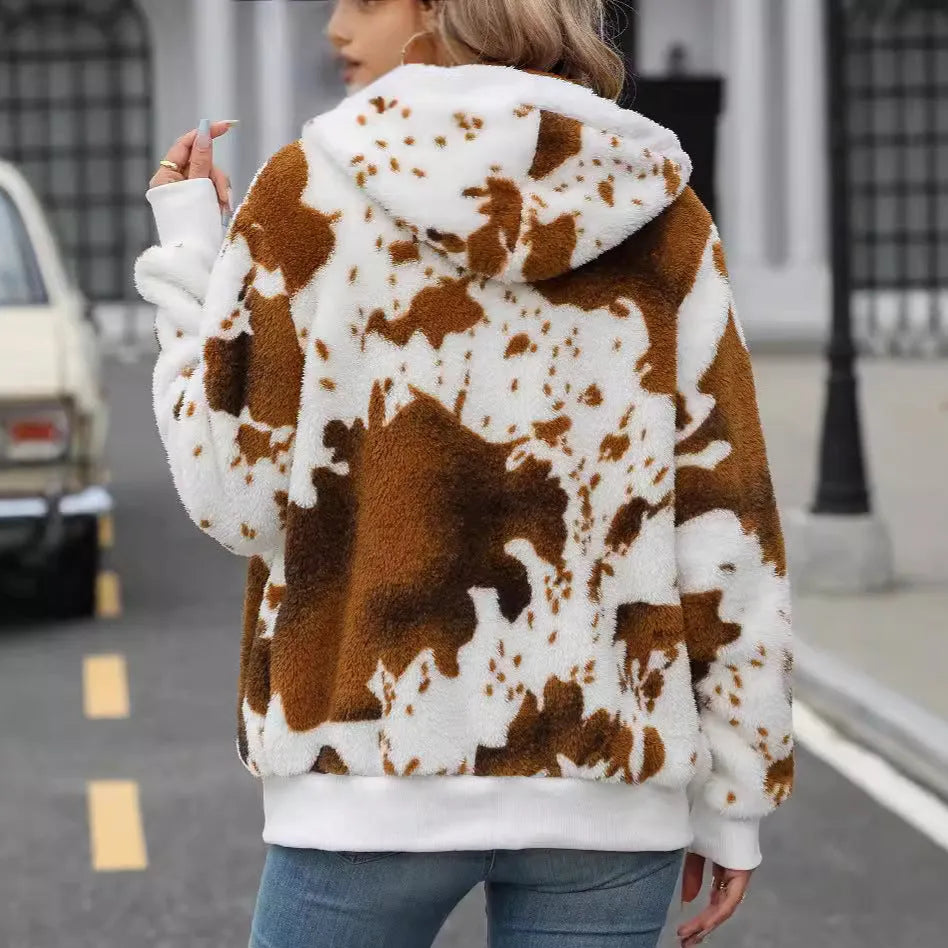 Yellow brown cow animal print hooded cardigan jacket with zipper and regular sleeves