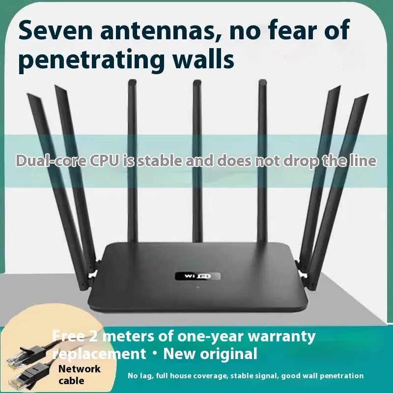Black and white dual-band Wi-Fi router with multiple antennas for through-wall home coverage.