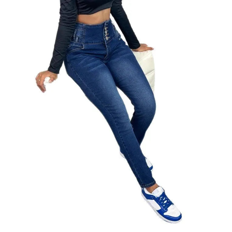 Dark blue women's cotton denim trousers with breasted front and straight-leg skinny fit.