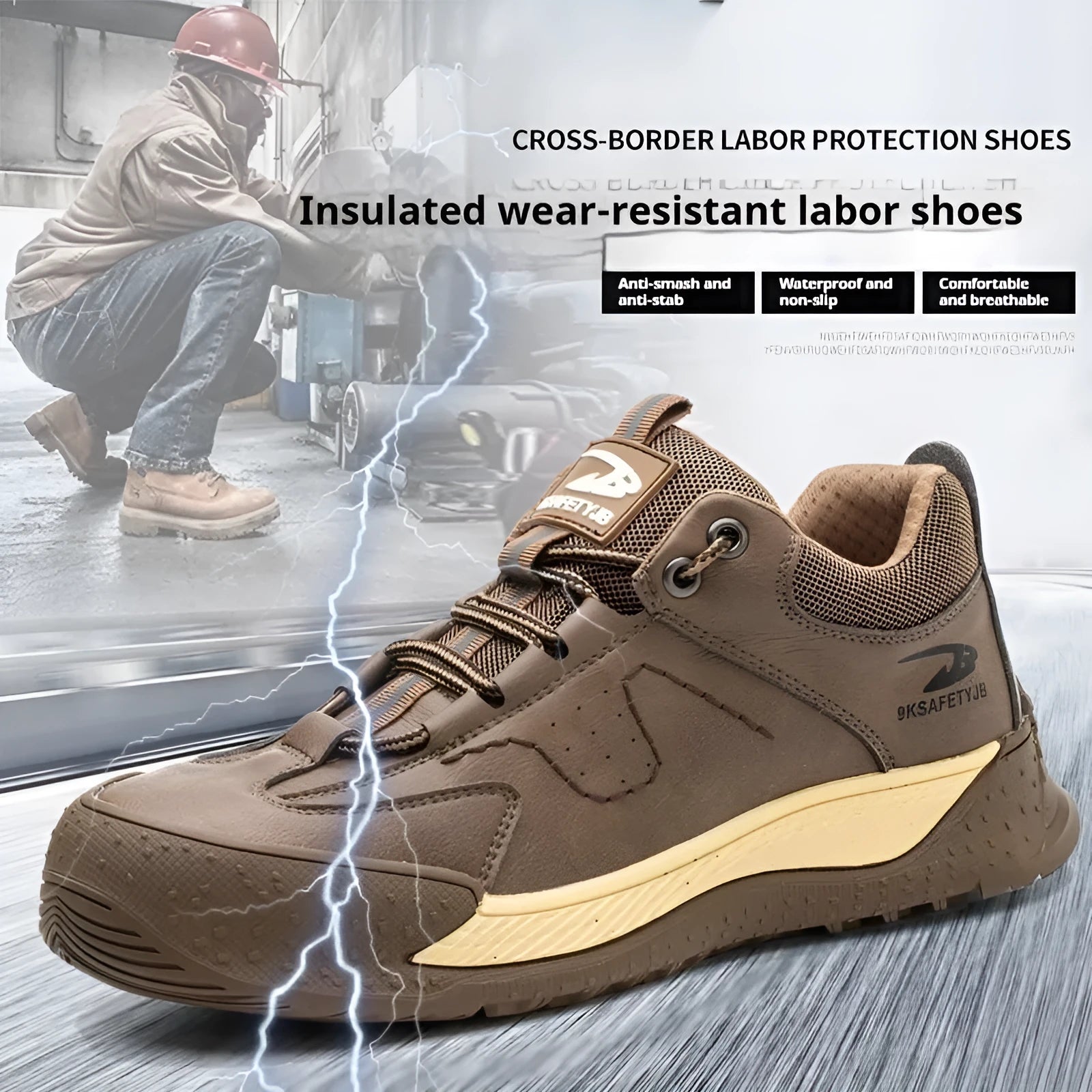 Leather Flyknit safety work shoes with rubber sole shown in black, grey, khaki, and brown colour options.