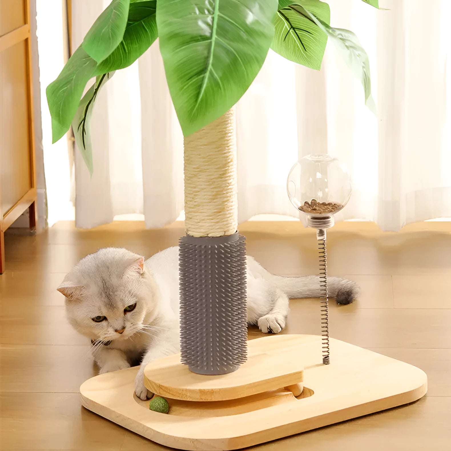 Wooden vertical cat scratching post with integrated food drop ball in canna colour