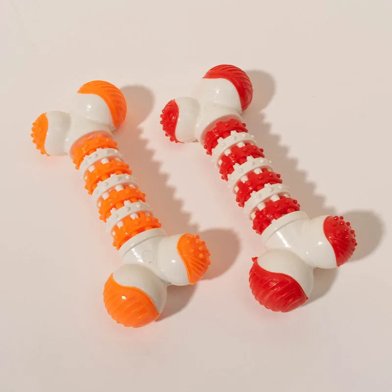Blue, orange, and red bone-shaped interactive dog chew toy for small breeds with treat holder.