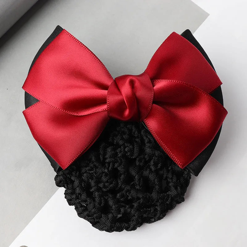 Professional female headband hair net with decorative bow and mesh storage pocket