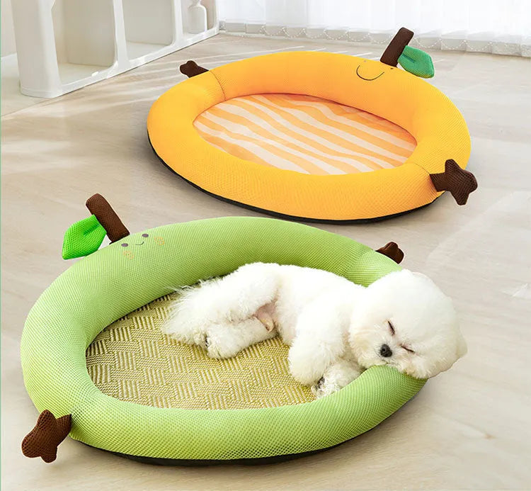 Green fruit backrest pet cushion bed for a dog, showing its nest-like shape and soft mat base.