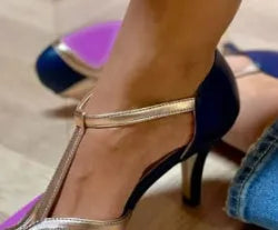 Women's round toe high heel shoes with buckle fastening in light blue pink, blue rose red, and wine red black colours