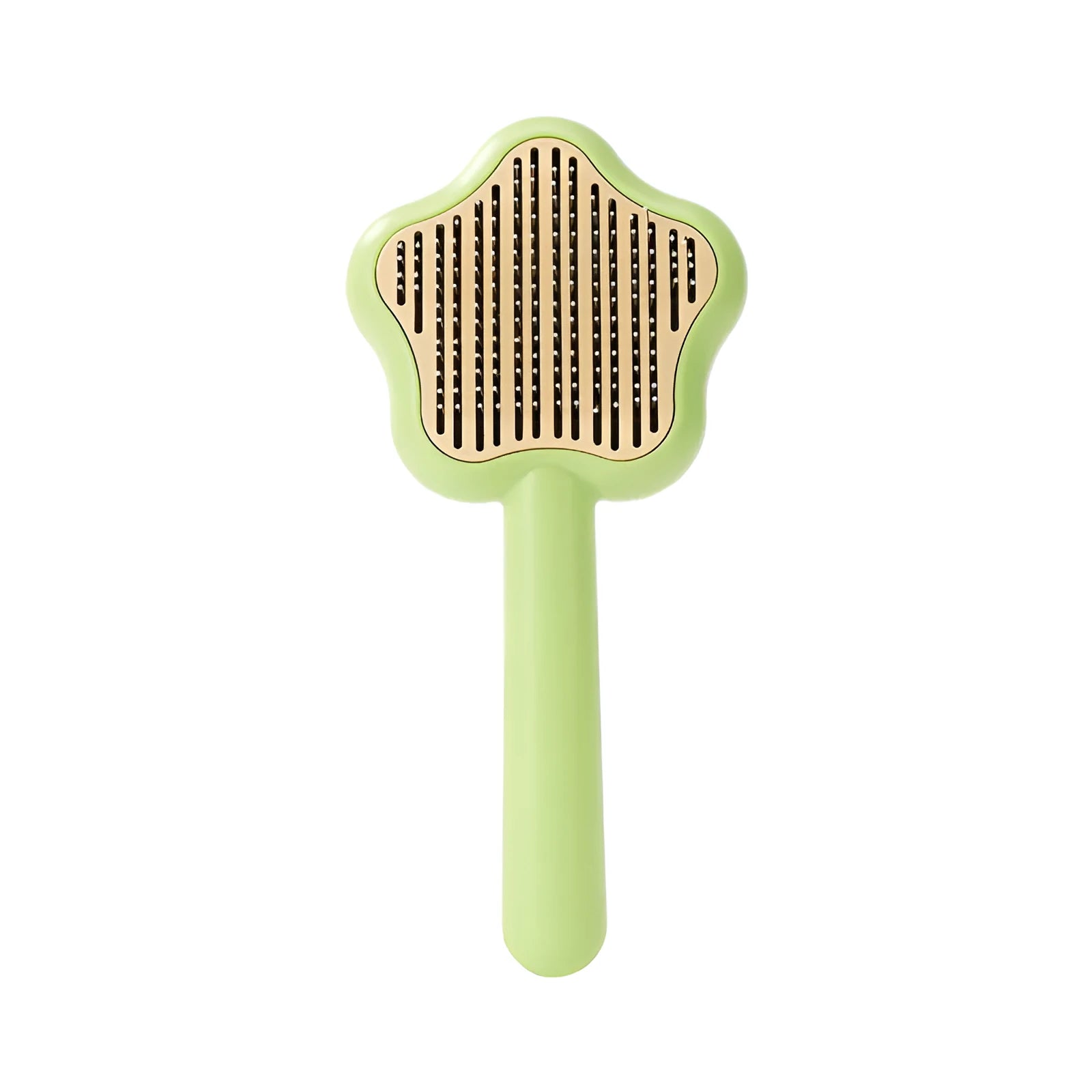 Green handle self-cleaning stainless steel needle comb for cats on a white background