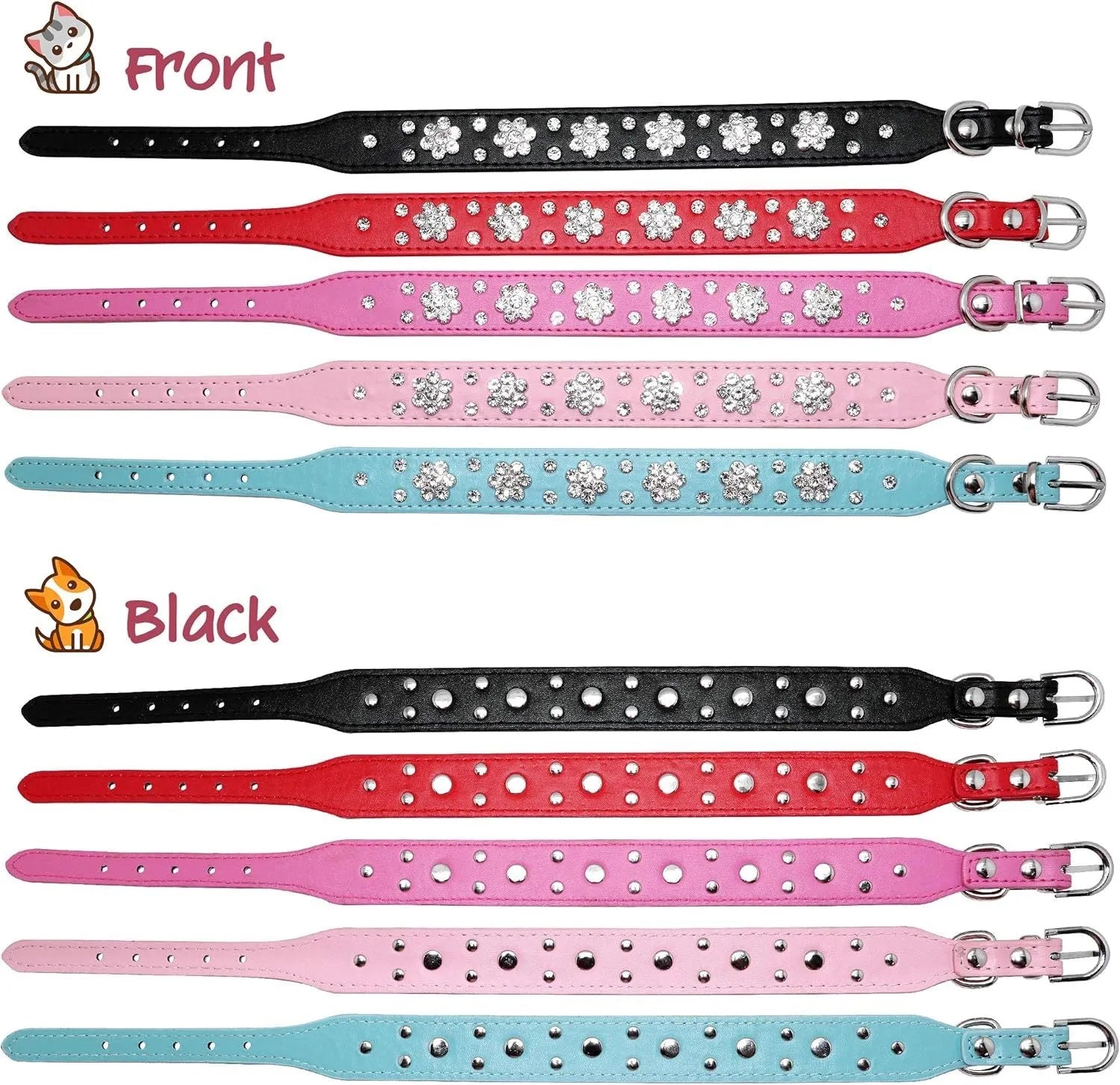 Rhinestone flower pattern on a black adjustable PU leather dog collar with metal D-ring for small dogs.