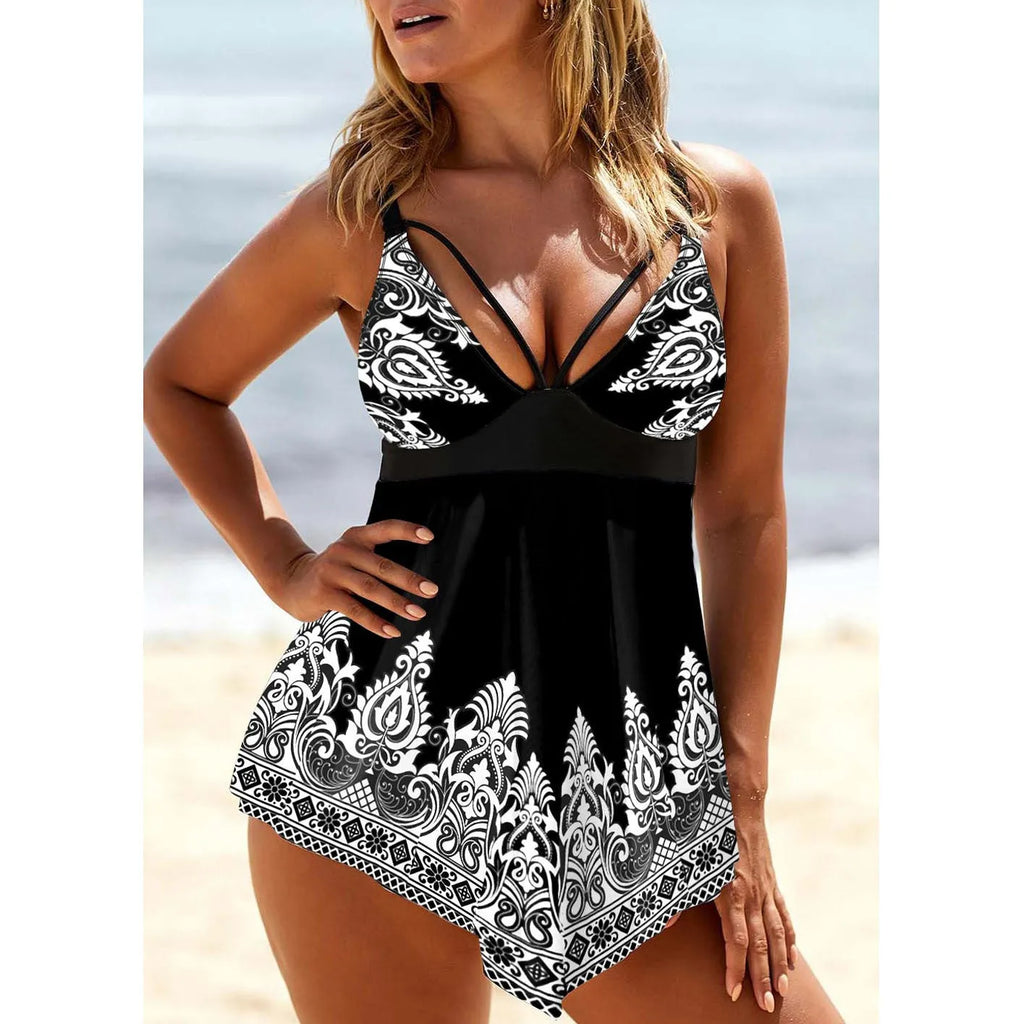 Women's plus size swimsuit with deep V neckline, printed straps and gradient pattern in blue colour