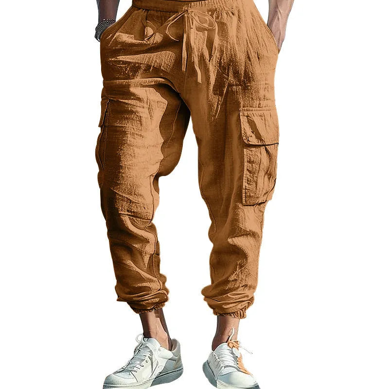 Men's linen casual trousers with ankle ties and drawstring waist in solid colour