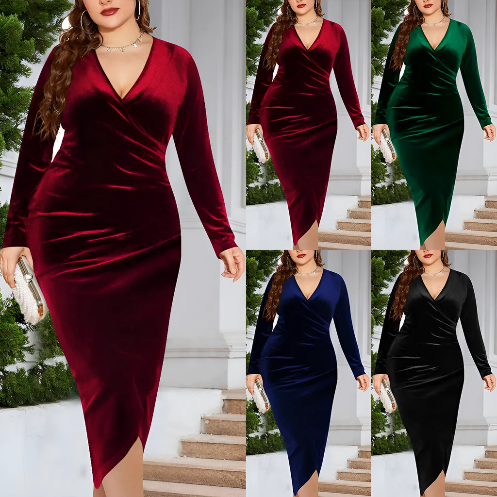 Women's plus size V-neck long sleeve dress in red, green, blue, or black.