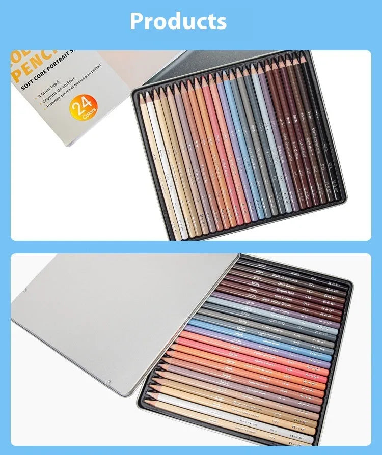 24-colour skin tone portrait pencils in round metal tin case for realistic figure drawing