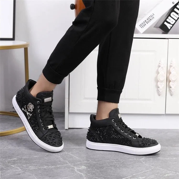 Men's black high top skeleton shoes with genuine leather upper and lace-up closure