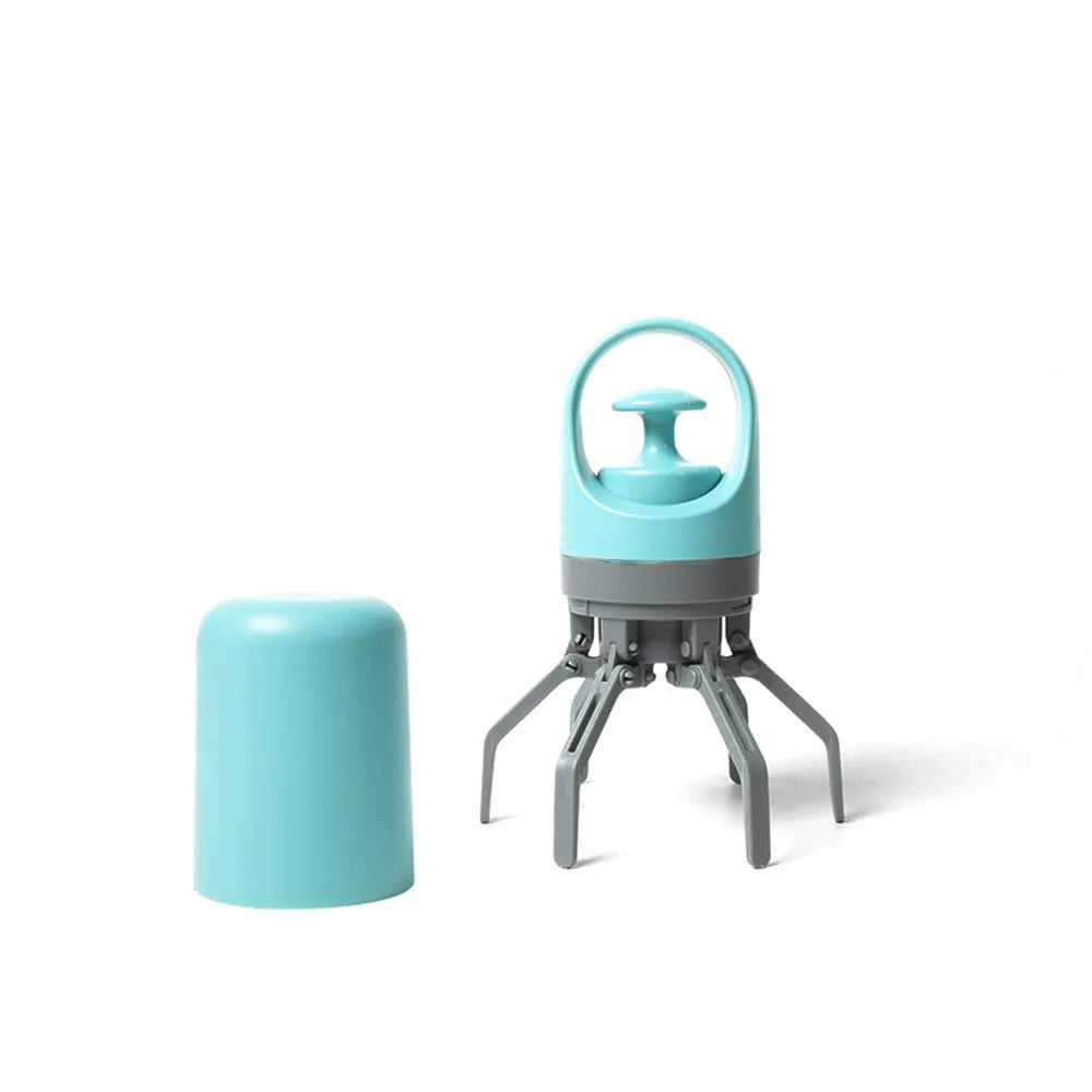 Blue and orange plastic claw-style pet pooper scooper with a roll of waste bags.