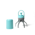 Blue and orange plastic claw-style pet pooper scooper with a roll of waste bags.