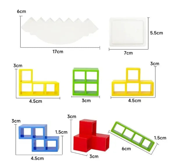 Plastic balance stacking board game with 16 colourful blocks on a chassis and base