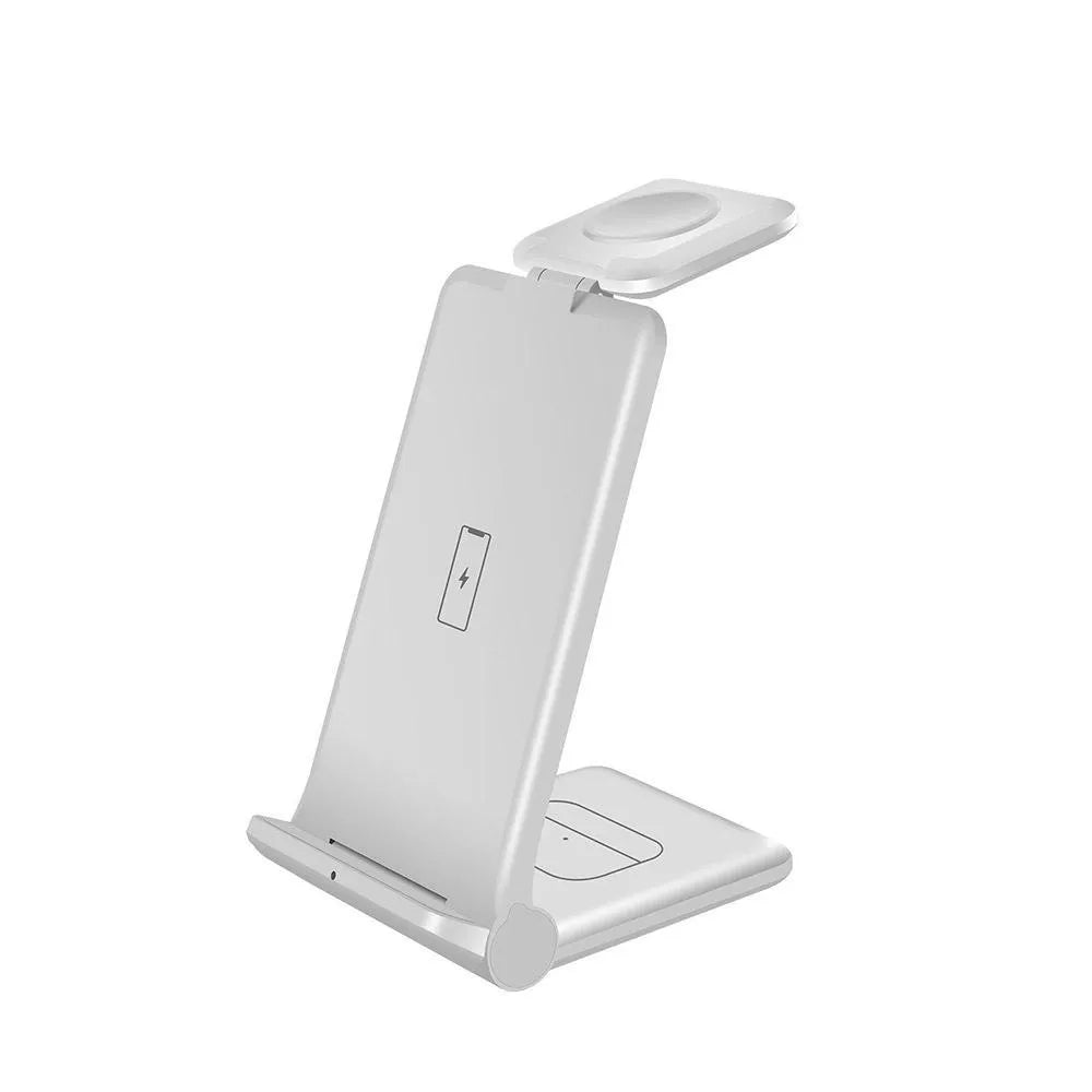 Black and white 3-in-1 wireless charging station for phone, AirPods and Apple Watch on a desk.
