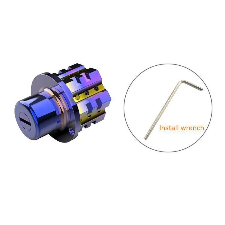T6 aluminium alloy motorcycle key cover heads in hexagonal, plum blossom, and five-pointed star designs with blue and white key chain.