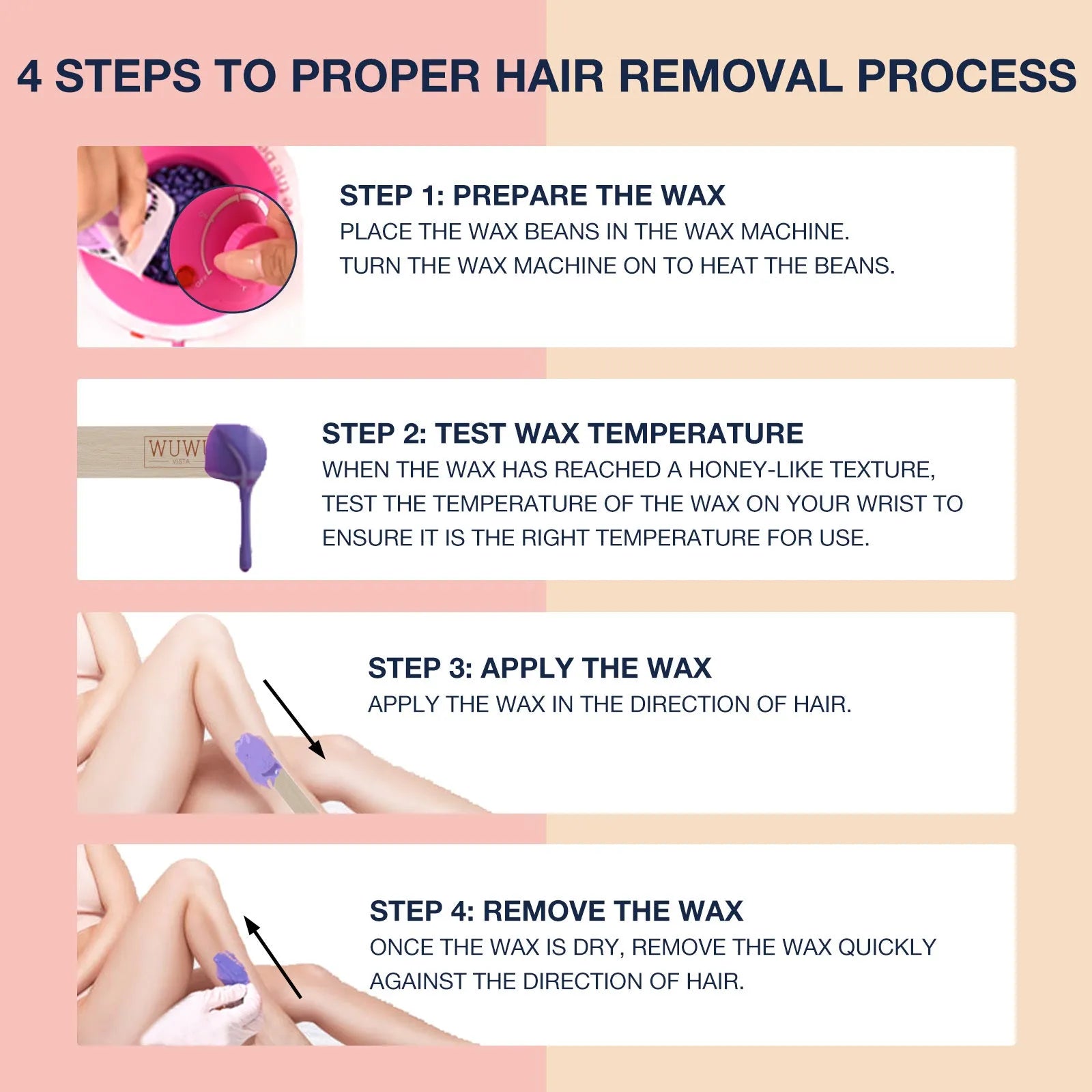 27-piece hair removal wax kit showing wax warmer machine, four coloured wax beads, wax sticks and guidebook
