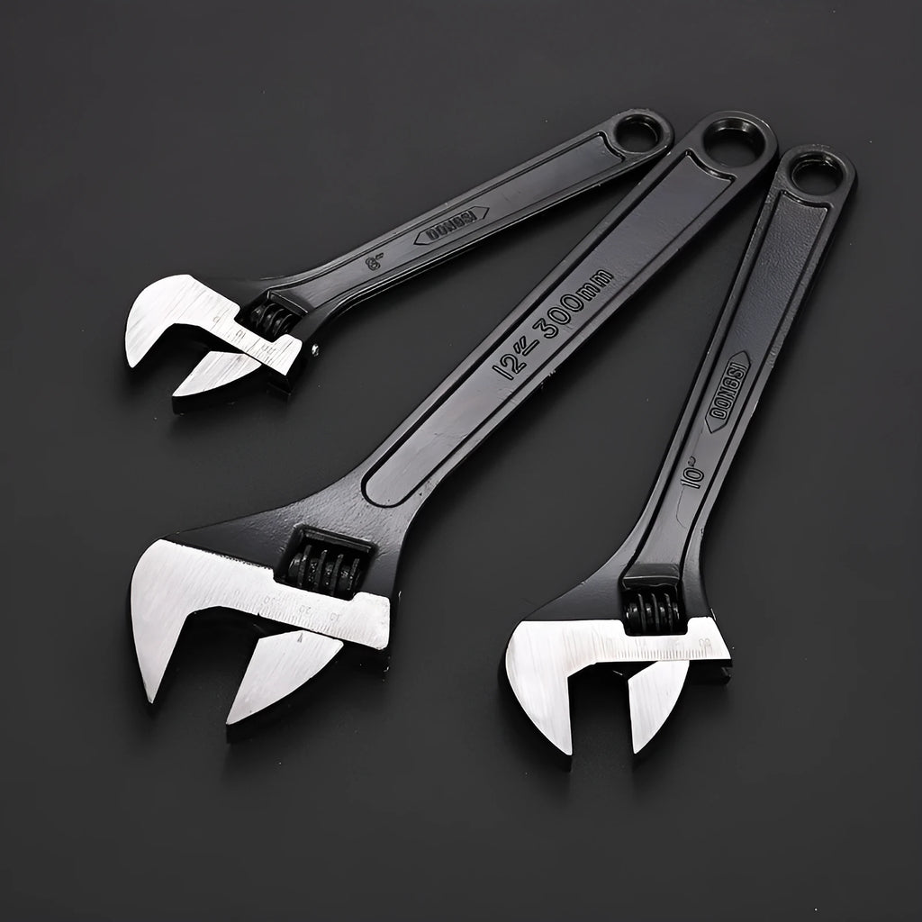 High carbon steel adjustable spanner tool with black finish showing open jaws and ergonomic handle