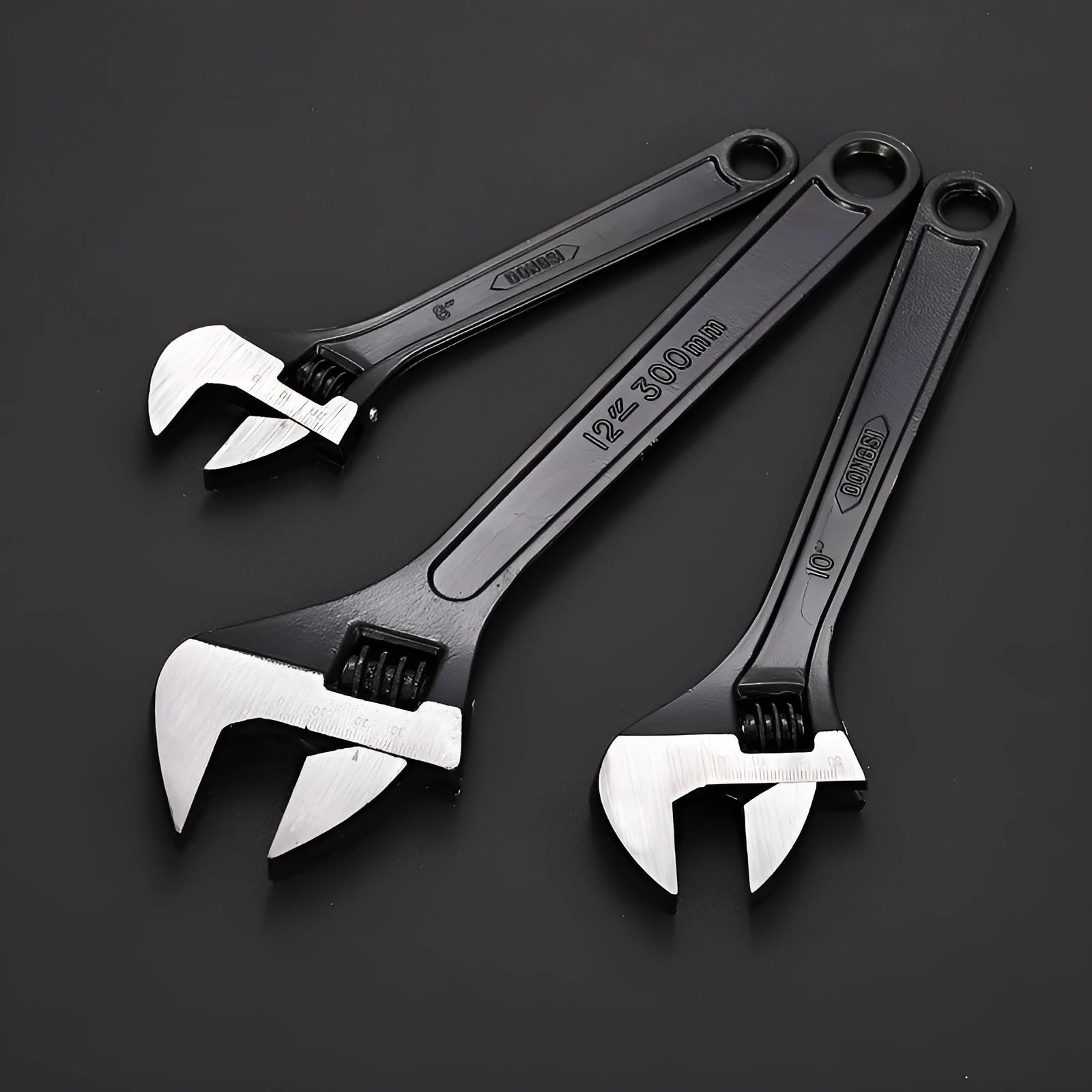 High carbon steel adjustable spanner tool with black finish showing open jaws and ergonomic handle