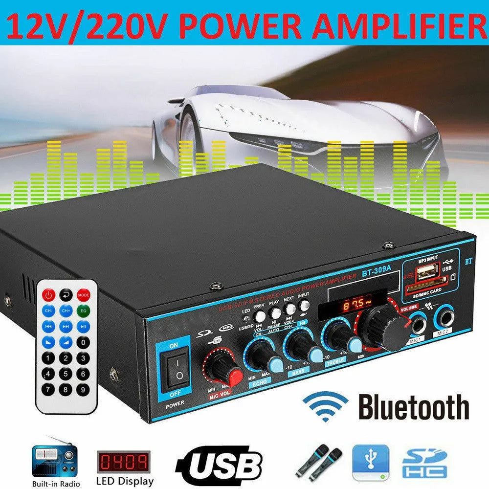 Black dual-purpose Bluetooth power amplifier with remote control on a table