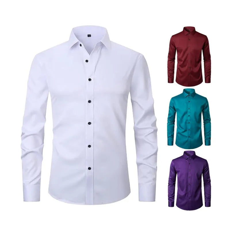 Men's stretch long sleeve work shirt in polyester fibre showing colour options and sizing details