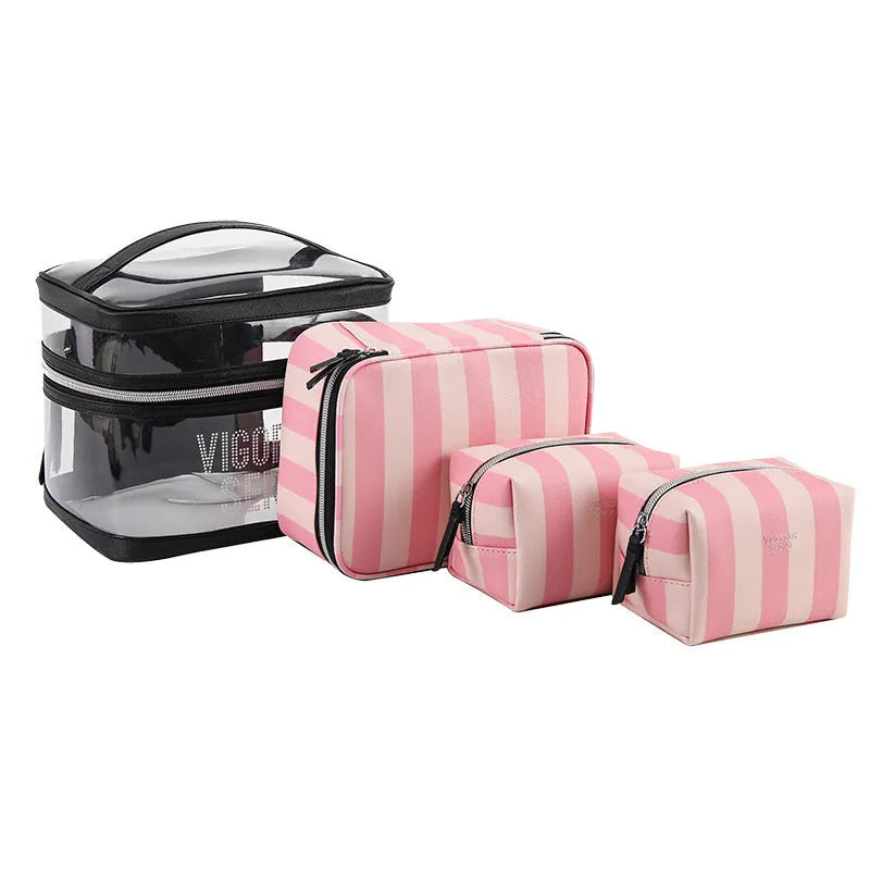 Pink striped floral pattern synthetic leather folding buggy bag makeup kit