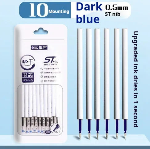 Pack of 10 quick-drying ballpoint pen refills in black, blue, red, and ink blue colours on a white background.