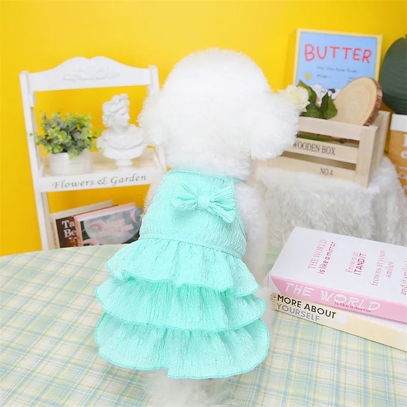 Small dog wearing princess dress with layered skirt design in candy colour option