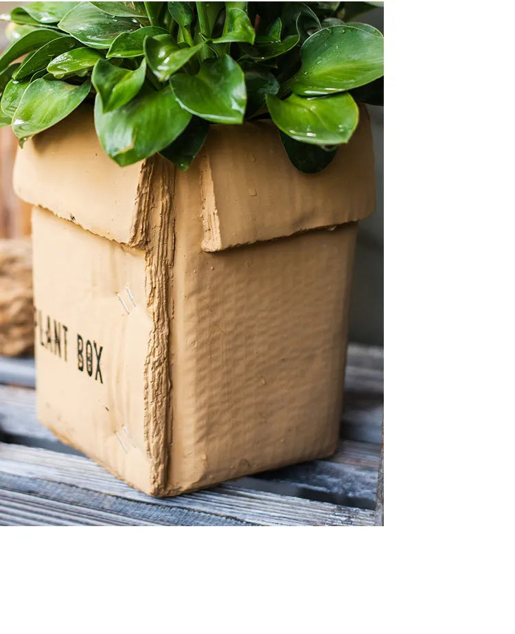 Cement brown paper box design flowerpot with drainage holes for indoor balcony planting