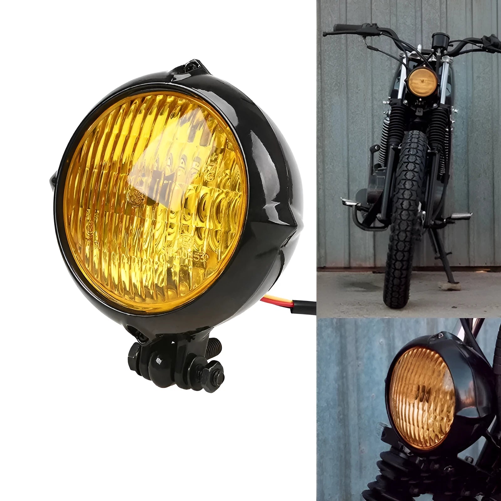 Black electroplated aluminium halogen headlight with 8cm diameter and yellow bulb.
