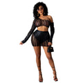 Women's black hollow-out net dress two-piece set with sleeveless top and short skirt.