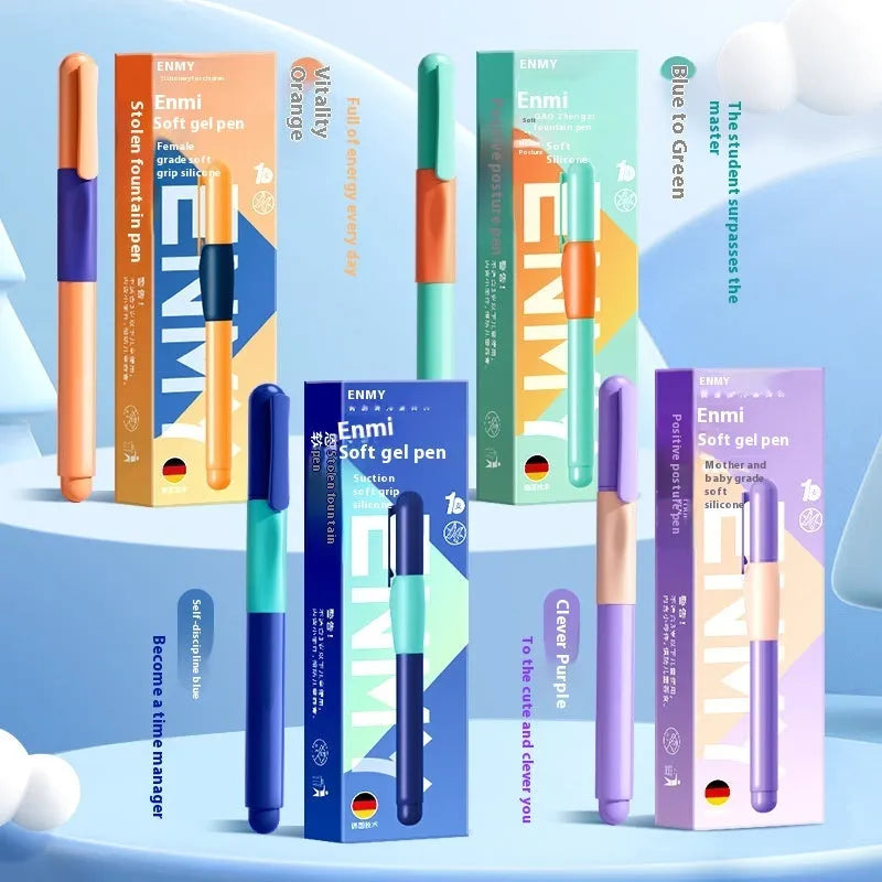 Student posture correction pen with triangular grip in blue, green, purple, or orange colours