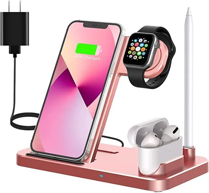 Folding 4-in-1 wireless charger showing MagSafe pad for iPhone and Apple Pencil charger in Space Grey colour.