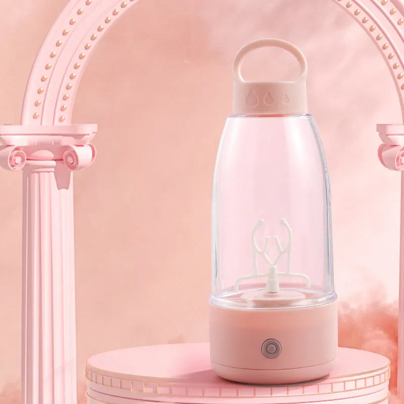 Automatic electric shaker bottle in green, pink, or white with handle and USB charging port.