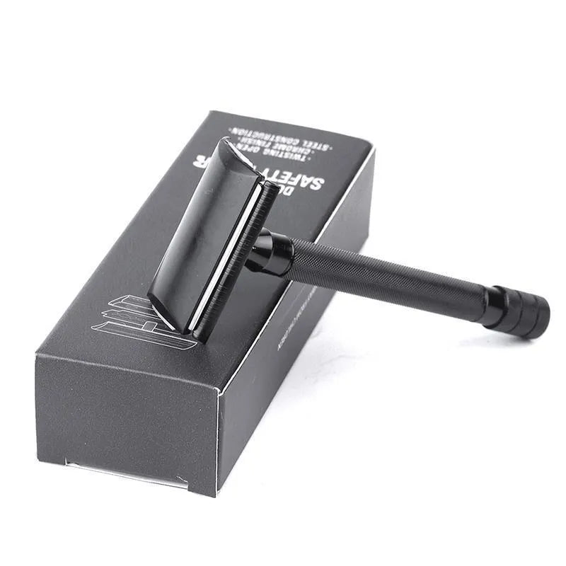 Old-fashioned manual metal shaving scraper and brush set in black and silver finishes