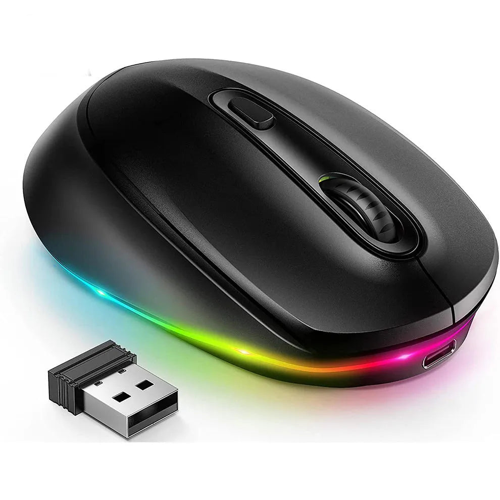 Lightweight 24g wireless rechargeable mouse in various colours next to its USB charging cable.