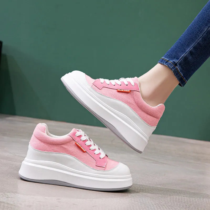 Women's beige leather platform shoes with thick sole design for height increase