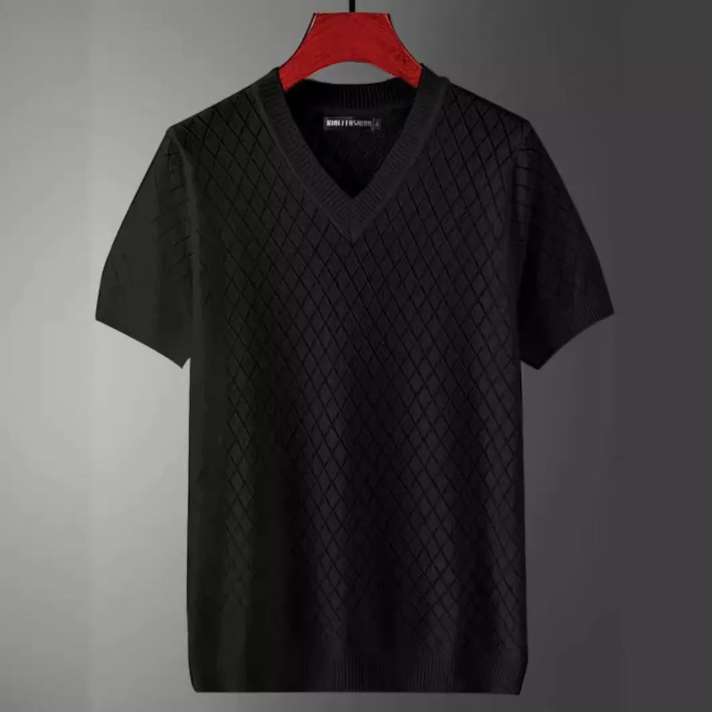 Men's ice silk V-neck t-shirt in black and white colour options with Korean-style design